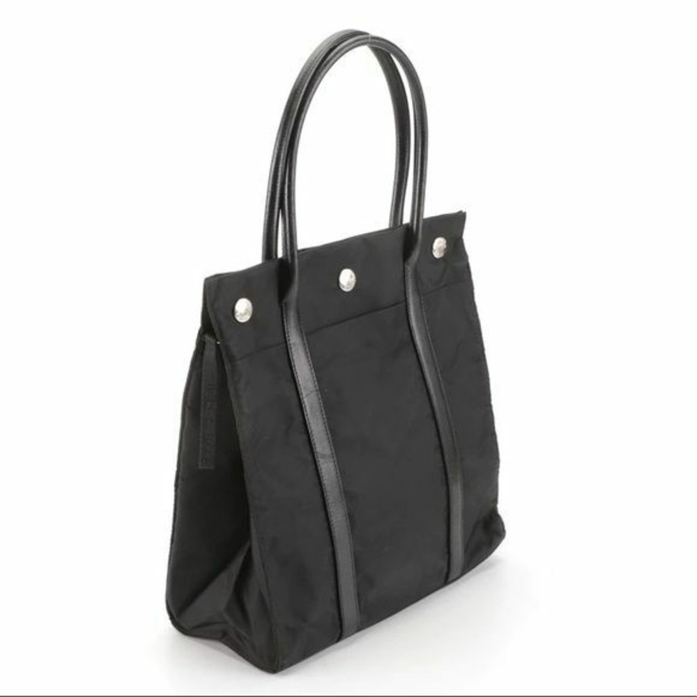 Vintage Prada Black Nylon and Leather Tote Bag 11X11 silver hardware